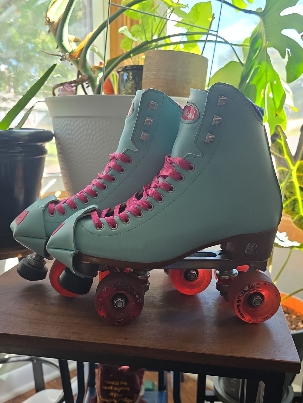 Moxie Beach Bunny Roller Skates in 'Blue Sky' Colorway w/ Pink Laces